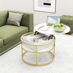 Gainoom 80Cm White Lift Top Coffee Table Round Center Table With Side Shelves - thumbnail 3