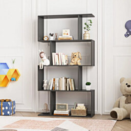 Black 4Tier Bookcase S-Shaped Bookshelf Display Rack Book Storage - thumbnail 4