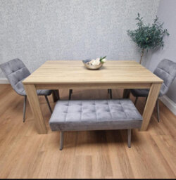 Kosy Koala Oak Effect Dining Table Set With 2 Grey Velvet Chairs And 2 Grey Benches Dining Room Furniture - thumbnail 4