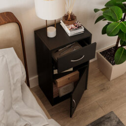 Urbn-Living Urbnliving Height 54Cm 1 Door 1 Drawer Wooden Bedroom Colour Black Bedside Cabinet Shelf Nightstand Side Table Unit - thumbnail 3