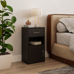 Urbn-Living Urbnliving Height 54Cm 1 Door 1 Drawer Wooden Bedroom Colour Black Bedside Cabinet Shelf Nightstand Side Table Unit - thumbnail 4