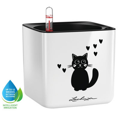 14Cm Square Planter, White High-Gloss Plastic Self-Watering Planter With Water Level Indicator Lechuza Cube Glossy Cat - image 1