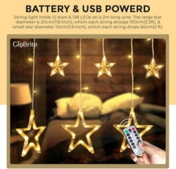 Globrite Christmas Curtain Lights 138 Led 12 Star Warm White - 8 Modes, Usb & Battery Operated Indoor Window Decorations - thumbnail 3