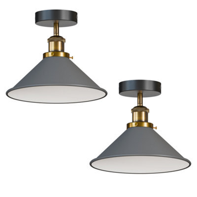 2 Pack Flush Mount Ceiling Lighting Metal E27 Base Grey Cone Shade With Bulb - image 1