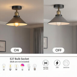 2 Pack Flush Mount Ceiling Lighting Metal E27 Base Grey Cone Shade With Bulb - thumbnail 5