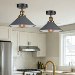 2 Pack Flush Mount Ceiling Lighting Metal E27 Base Grey Cone Shade With Bulb - thumbnail 2