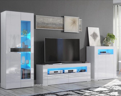 Furneo High Gloss & Matt White Living Room Set Tv Stand Sideboard Display Cabinet Blue Led Lights - image 1