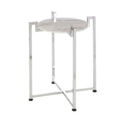 Orsina Elegant White Marble Side Table With Chrome Base, Durable Side Table By Couch, Versatile Small Lounge Table