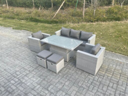 Fimous Rattan Garden Funiture Set Adjustable Rising Lifting Table Sofa Dining Set With 2 Arm Chair Stool - thumbnail 2