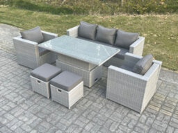 Fimous Rattan Garden Funiture Set Adjustable Rising Lifting Table Sofa Dining Set With 2 Arm Chair Stool - thumbnail 1