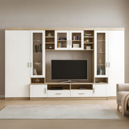 Paris Wall Unit Living Room Furniture Laminated Board Sonoma White Led Lights
