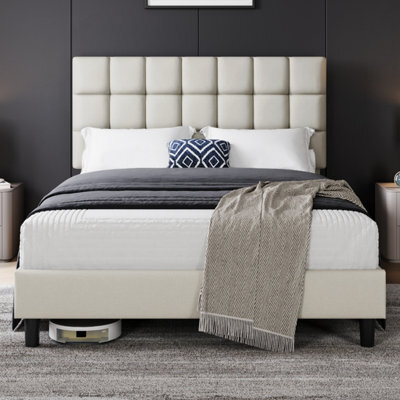 Yaheetech Upholstered Bed Frame With Square Tufted Headboard - Beige / King - image 1