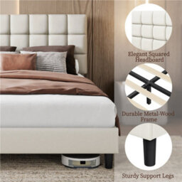 Yaheetech Upholstered Bed Frame With Square Tufted Headboard - Beige / King - thumbnail 3