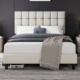 Yaheetech Upholstered Bed Frame With Square Tufted Headboard - Beige / King - thumbnail 1