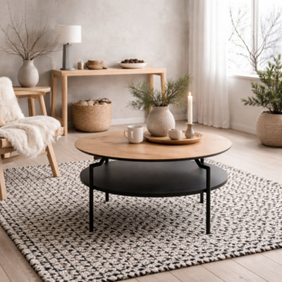 Wyld Haus Fuglebjerg Round Coffee Table, Oak-Effect Top, Black Metal Legs And Lower Shelf - image 1