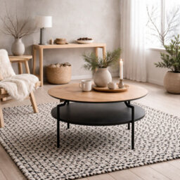 Wyld Haus Fuglebjerg Round Coffee Table, Oak-Effect Top, Black Metal Legs And Lower Shelf - thumbnail 1