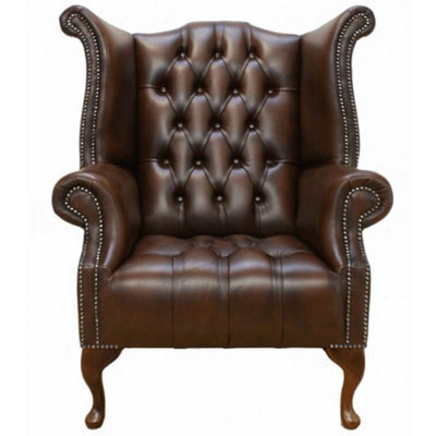 Chesterfield High Back Wing Chair Buttoned Seat Antique Brown Leather In Queen Anne Style - image 1