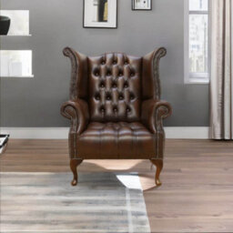 Chesterfield High Back Wing Chair Buttoned Seat Antique Brown Leather In Queen Anne Style - thumbnail 3
