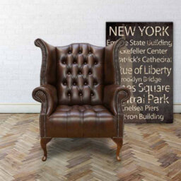 Chesterfield High Back Wing Chair Buttoned Seat Antique Brown Leather In Queen Anne Style - thumbnail 2