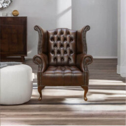 Chesterfield High Back Wing Chair Buttoned Seat Antique Brown Leather In Queen Anne Style - thumbnail 4