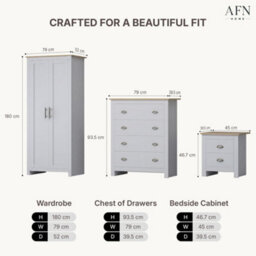 Afn Home Ossotto Country Style 3 Piece Bedroom Set, 2 Door Wardrobe, 4 Drawer Chest & 2 Drawer Bedside Cabinet,white/oak - thumbnail 5