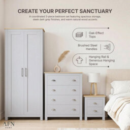 Afn Home Ossotto Country Style 3 Piece Bedroom Set, 2 Door Wardrobe, 4 Drawer Chest & 2 Drawer Bedside Cabinet,white/oak - thumbnail 6