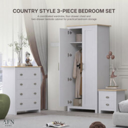Afn Home Ossotto Country Style 3 Piece Bedroom Set, 2 Door Wardrobe, 4 Drawer Chest & 2 Drawer Bedside Cabinet,white/oak - thumbnail 7