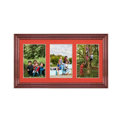 AK Frames 40X20Cm Rose Wood Classic Multi Photo Frame With Poppy Red Mount - Holds 3 Apertures (3X) 6X4 Photos - image 1