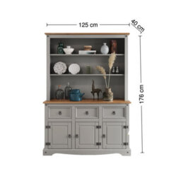 Mercers Furniture Corona Grey Wax 3 Door 3 Drawer Dresser Large Buffet Hutch Open Storage Solid Wood Mexican Pine Wooden Kitchen Dining Room - thumbnail 5