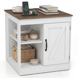 Costway Farmhouse End Side Table With Charging Station Bedside Table With Cabinet-Rustic Oak - thumbnail 9