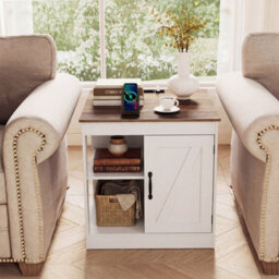 Costway Farmhouse End Side Table With Charging Station Bedside Table With Cabinet-Rustic Oak - thumbnail 3
