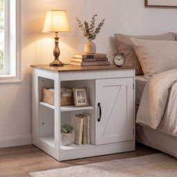 Costway Farmhouse End Side Table With Charging Station Bedside Table With Cabinet-Rustic Oak - thumbnail 4