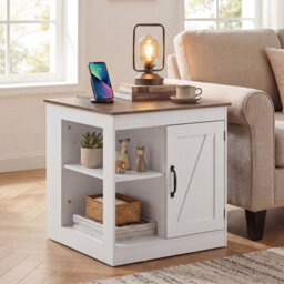 Costway Farmhouse End Side Table With Charging Station Bedside Table With Cabinet-Rustic Oak - thumbnail 1