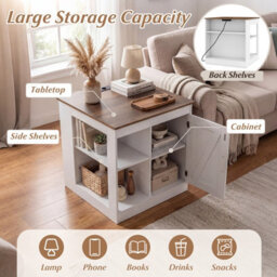 Costway Farmhouse End Side Table With Charging Station Bedside Table With Cabinet-Rustic Oak - thumbnail 6