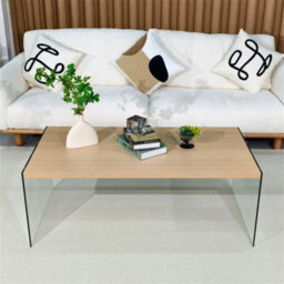 Natural Wood Top/clear Glass Legs Rectangle Coffee Table Center Cocktail Table - thumbnail 3