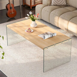 Natural Wood Top/clear Glass Legs Rectangle Coffee Table Center Cocktail Table - thumbnail 5