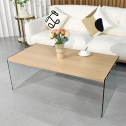 Natural Wood Top/clear Glass Legs Rectangle Coffee Table Center Cocktail Table - thumbnail 4