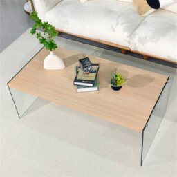Natural Wood Top/clear Glass Legs Rectangle Coffee Table Center Cocktail Table - thumbnail 1