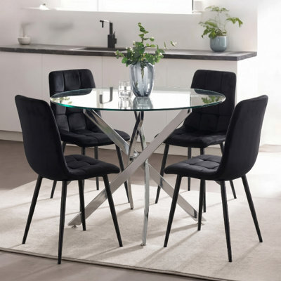Oira Homes Round Glass Dining Table Set With 4 Black Nova Velvet Chairs 4 Seater Kitchen And Dining Room Set - image 1