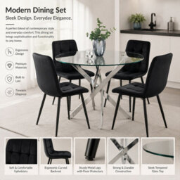 Oira Homes Round Glass Dining Table Set With 4 Black Nova Velvet Chairs 4 Seater Kitchen And Dining Room Set - thumbnail 8