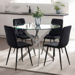 Oira Homes Round Glass Dining Table Set With 4 Black Nova Velvet Chairs 4 Seater Kitchen And Dining Room Set - thumbnail 1