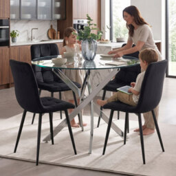 Oira Homes Round Glass Dining Table Set With 4 Black Nova Velvet Chairs 4 Seater Kitchen And Dining Room Set - thumbnail 7