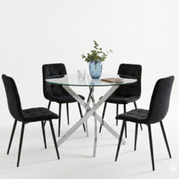 Oira Homes Round Glass Dining Table Set With 4 Black Nova Velvet Chairs 4 Seater Kitchen And Dining Room Set - thumbnail 2