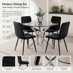 Oira Homes Round Glass Dining Table Set With 4 Black Nova Velvet Chairs 4 Seater Kitchen And Dining Room Set - thumbnail 3