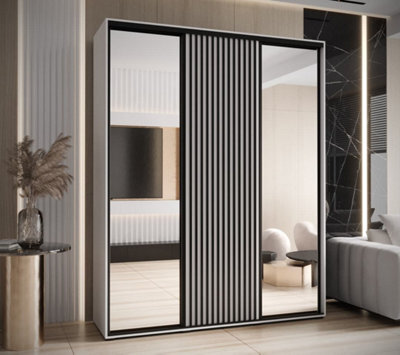 Arte Sapporo Ii White Mirrored Sliding Door Wardrobe - White Matt And Lamella Effect (H)2050mm (W)2000mm (D)600mm - image 1