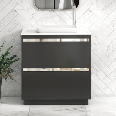 Royal Bathrooms Orion 800mm Matt Obsidian Black Floor Standing Plain White Countertop Vanity Unit 2 Drawer With Qubix Basin & Chrome Accent Trim - image 1
