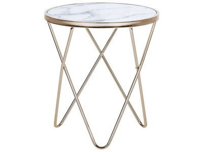 Beliani Round Side Table 50Cm - White Marble-Effect Tempered Glass Top, Gold Hairpin Legs - image 1