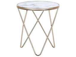 Beliani Round Side Table 50Cm - White Marble-Effect Tempered Glass Top, Gold Hairpin Legs - thumbnail 1
