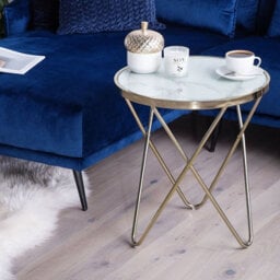 Beliani Round Side Table 50Cm - White Marble-Effect Tempered Glass Top, Gold Hairpin Legs - thumbnail 2