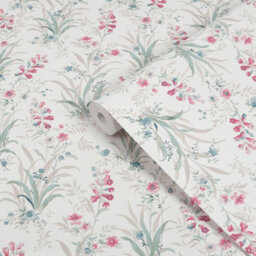 Laura Ashley White, Pink & Duck Egg Mosedale Posy Smooth Wallpaper - thumbnail 1